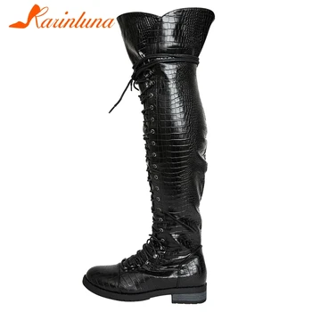 

karinluna New Arrival On Sale Casual Over-the-knee Boots Cross-tied Low Heels Leopoard Serpentine women shoes