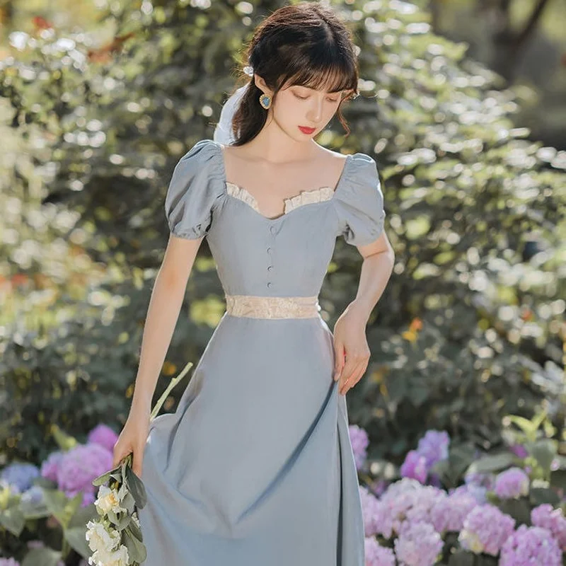 

Summer Chiffon Fairy Dress Women Cottagecore Puff Sleeve Slim Waist Hollow Out Short Sleeve Dress French Retro Sweet Cute Dress