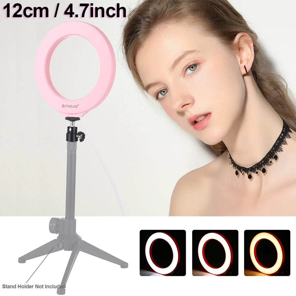

12cm Ring LED Video Lights 3Modes Vlogging Selfie Photography USB Lighting Lamp with Tripod Ball Head&Phone Clamp Pink Shell D35