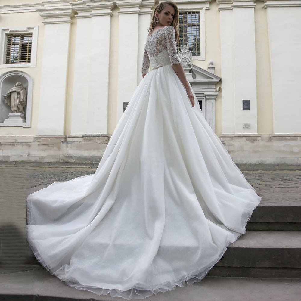 Vintage Polka Dot Vestidos De Boda De Tul Elegante De Dos Piezas Vestido De Novia Corte Tren De Encaje Vestido De Novia