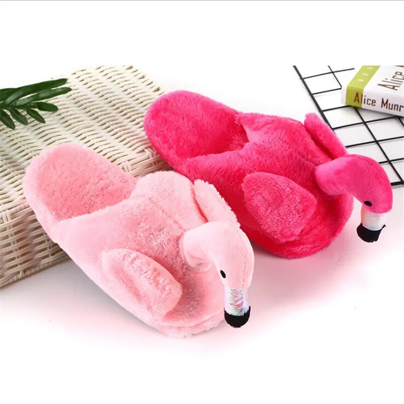 Women Winter Cartoon Flamingos Warm Slippers Lovely Furry Home Cotton Shoes Big Size Indoor Flat Plush Fuzzy House Shoe | Обувь