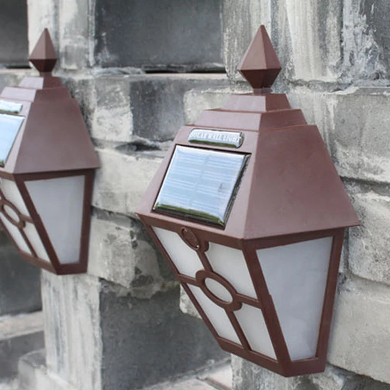 Outdoor Brown Retro Solar For Fence Hexagon LED Wall Lamp Garden Lights Decor