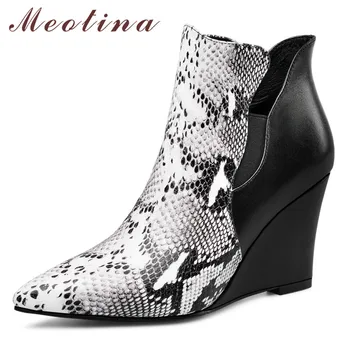 

Meotina Autumn Ankle Boots Women Genuine Leather Zip Wedges Heel Short Boots Snake Print Super High Heel Shoes Ladies Size 34-39