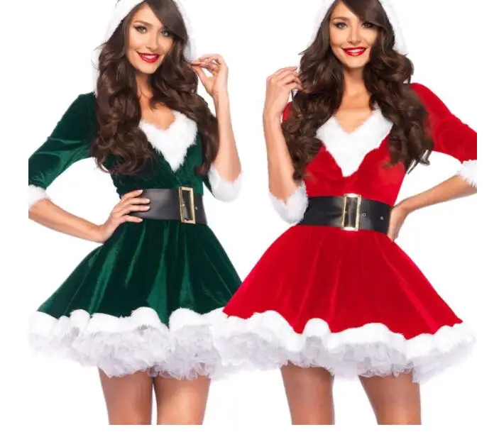 

Fashion Christmas Red Half Sleeve Santa Claus Dresses Sexy Fancy Plush Hoodie Female Party Dress Cosplay Costume with Belt