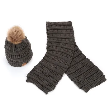 

2 Piece Sets Women Winter Hat&Scarf Set Women Winter Warm Women Windproof Solid Fur Pompon Beanie And Knitted Wool Warm Scarf