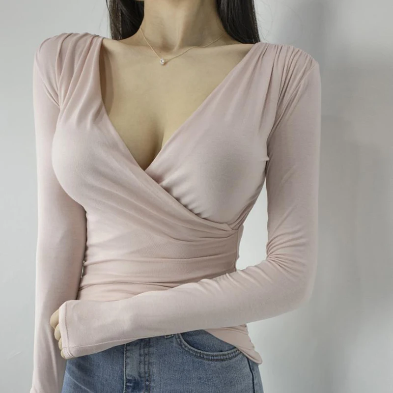 Sexy V Neck T Shirt Women 2022 Autumn Cotton Basic Tshirts Long Sleeve Top Slim Solid Clothes Tee Shirt Femme Camisetas De Mujer