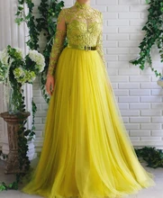 

Yellow Moroccan Muslim Evening Dresses A-line Long Sleeves Tulle Appliques Long Luxury Turkey Dubai Saudi Arabia Prom Dress Gown
