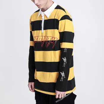 

Dark Icon Big Striped Skulls Hip Hip T-shirt Long Sleeve 2019 Turn-down Collar Men's Tshirts Funny Printed Street Tee Shirts