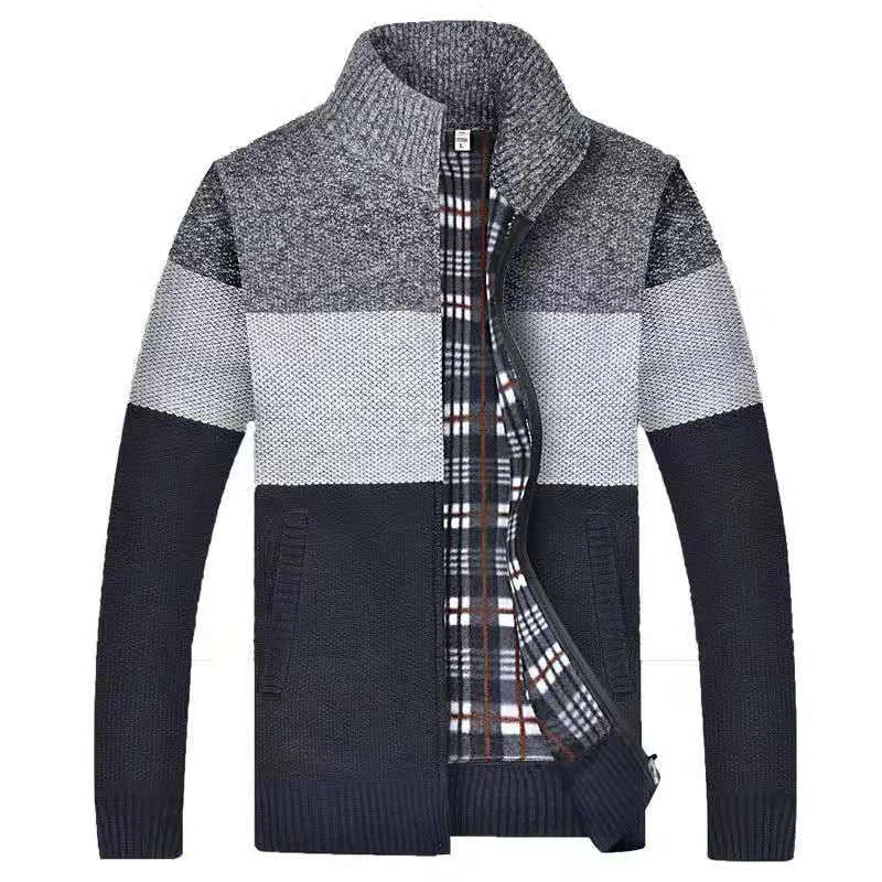 Sweater men autumn and winter men's new splicing collar collar color cardigan sweater men's plus velvet sweater coat Sweater men autumn and winter men's new splicing collar collar color cardigan sweater men's plus velvet sweater coat