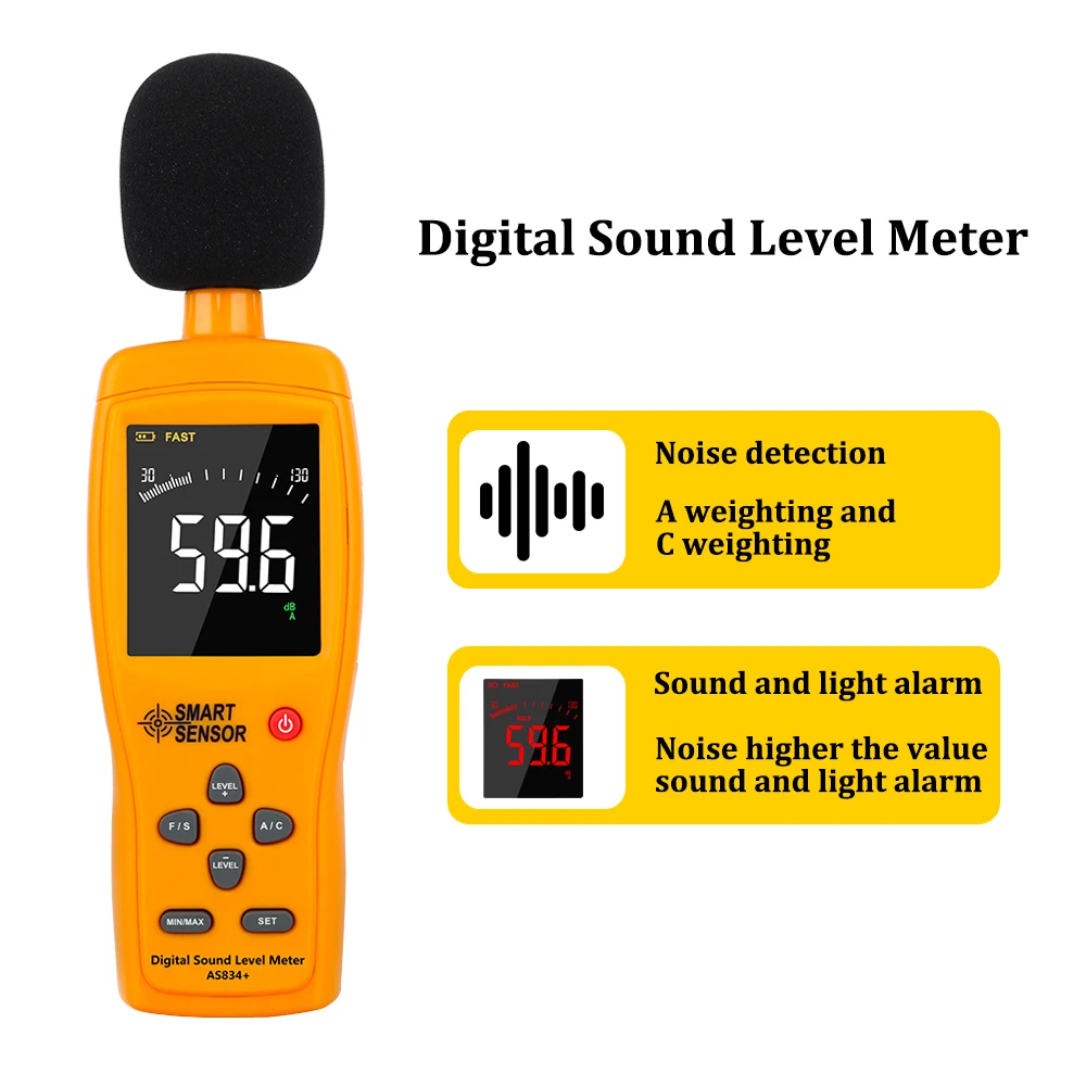 Цифровой измеритель уровня шума цветной ЖК-дисплей дБ децибельный монитор детектор аудио тестер уровня давления 30~ 130dBA и 35~ 130dBC AS834