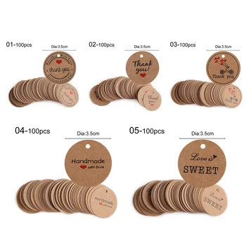

100pcs 'Thank you' 'Handmade' with Red Heart Decor Hang Tag Cards Kraft Paper Gift Tag Wedding Party Paper Hang Tags Price Label