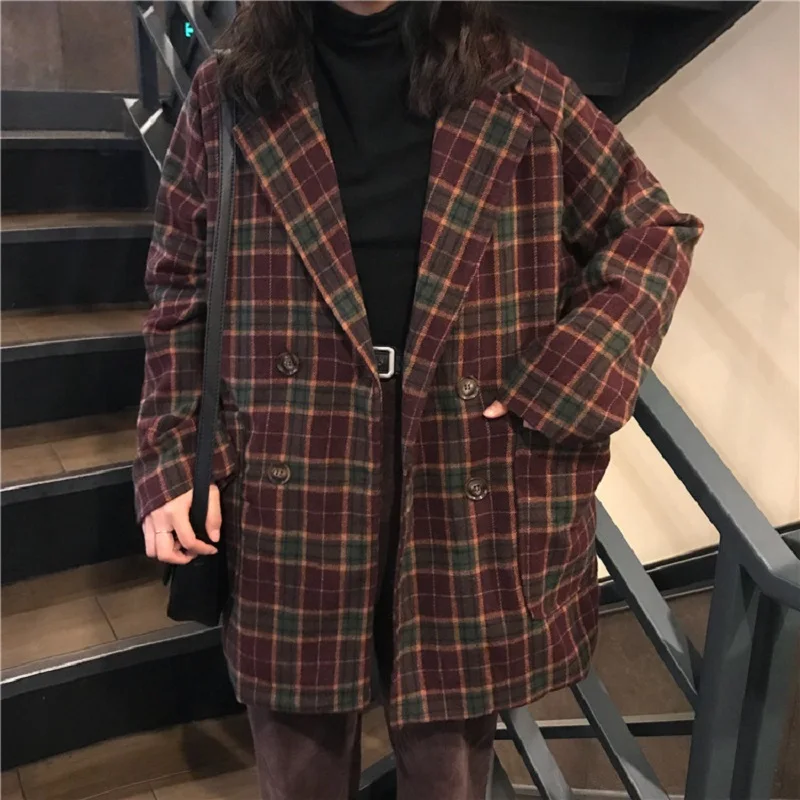 Корейский ulzzang свободное клетчатое шерстяное пальто женское осеннее Новое ins Harajuku винтажный Модный костюм воротник Кнопка Повседневная Женская куртка