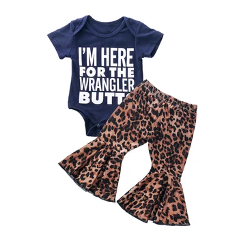 

Summer Infant Baby Girls Boys Clothes Sets Letter Print Short Sleeve Romper Tops+Leopard Flare Pants