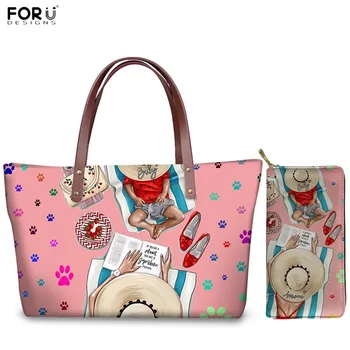 

FORUDESIGNS Brand Design Women Beach Shoulder Bags Super Mom Baby Girl Print 2pcs/set Handbag and Wallet Female Casual Tote Bag