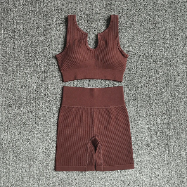 2/4/6PCS Seamless Women Yoga Set Workout Sportswear Fitness Bra Sport Pants Gym Clothing High Waist Leggings Shorts Sports Suits VBraShortsBrown