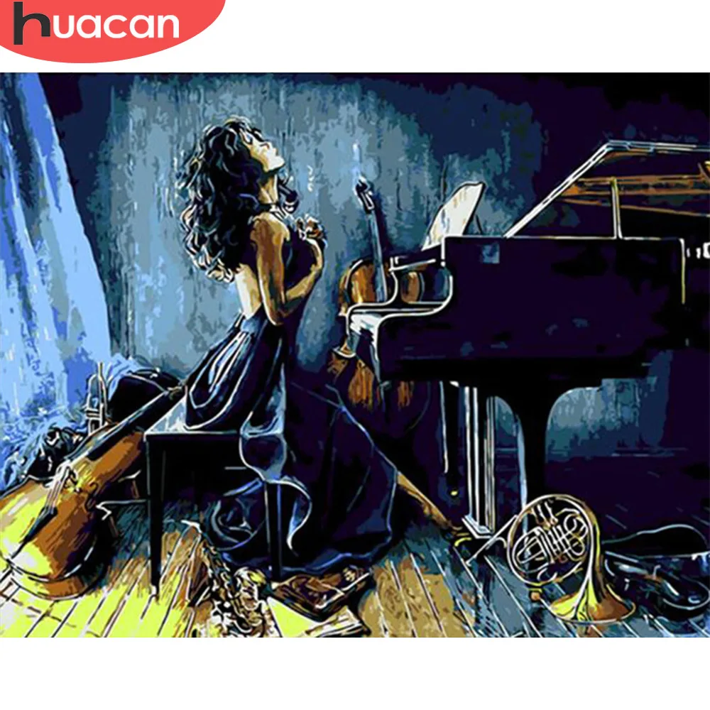 

HUACAN DIY Oil Painting Piano Girls Painting By Numbers Paint Canvas Picture Hand Painted Pictures Modern Home Decor Gift
