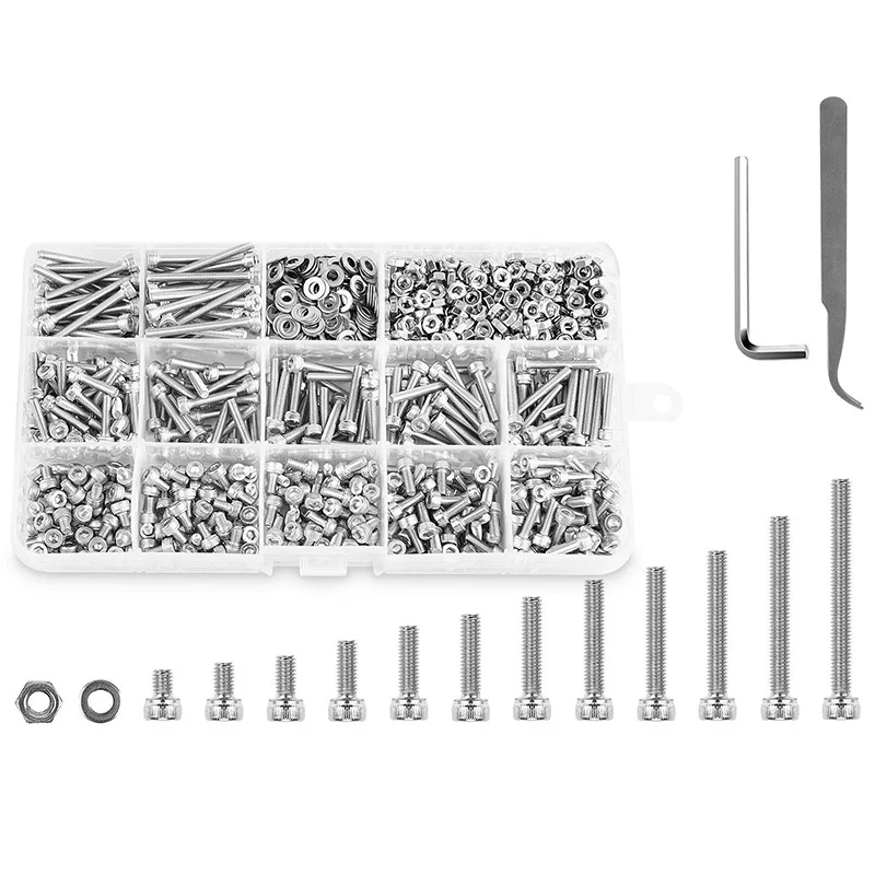 

HOT 1110PCS Stainless Steel M3 Socket Head Cap Screws and Nuts Flat Washer Assortment Kit withAlle Wrench and Tweezer