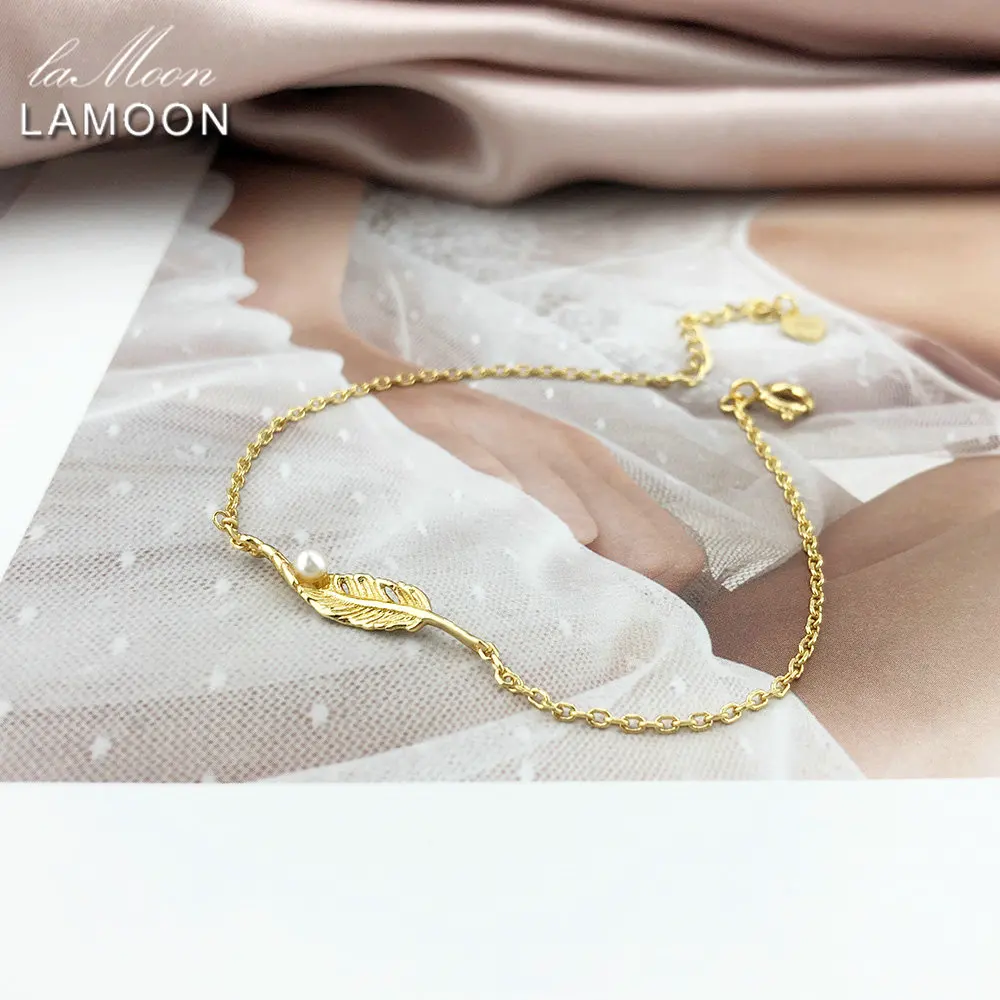 

LAMOON Freshwater Pearl Bracelet 925 Sterling Silver Bracelet Woman 14k Gold Plated Fine Jewelry Elegant Feather LMHI063