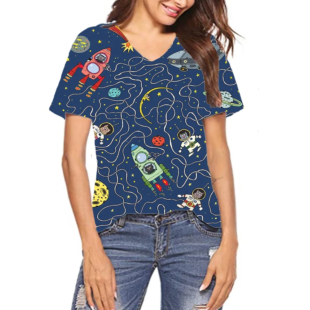 

Woman V-neck Astronaut Shirt Cartoons Graphic T Shirt Casual Short sleeve 3D Print Tops 2020 NEW Tees