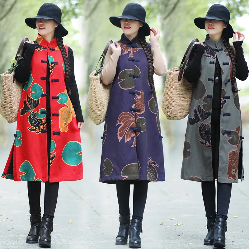 

2018 Large Size Dress Autumn And Winter Ethnic-Style Cotton Linen Printed Frog Long Warm Vest Waistcoat Coat