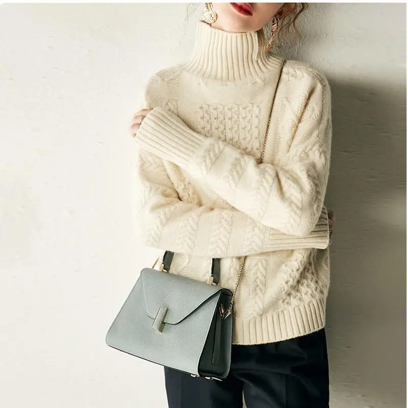 

Important! 2019 Autumn And Winter Thick Woollen Sweater Women's High Collar Linen Flower Color Pullover Laziness-Style Loose-Fit