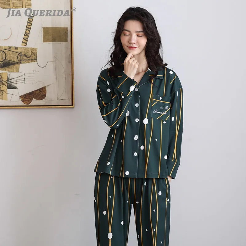 Loose Size Womens Pajamas 100% Cotton Eco-friendy Dyed Dark Green Sleepwear Dot Printing Smart Casual Pajamas Leisure Pyjama Set