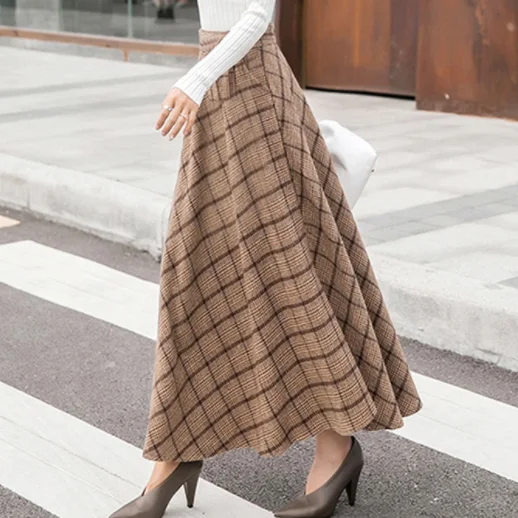 Трапециевидные зимние юбки женские популярные теплые дизайнерские женские офисные длинные юбки с принтом в клетку эластичные винтажные клетчатые юбки с высокой талией AQ673