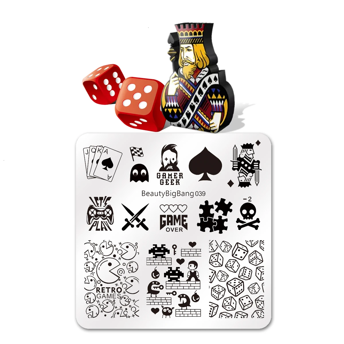 

BeautyBigBang Game Style Nail Stamping Plates Geometry Dice Spade Poker Funny Sword Image Square Template Nail Stamping Plate