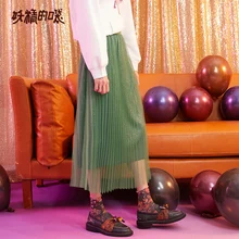 Женская плиссированная юбка с оборкой ELF SACK, повседневная юбка коричневого блестящего цвета со средней талией, трапециевидная юбка с кружевами, модная юбка до середины голени для весны и лета