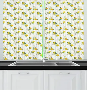 

White Mustard Fern Green Exotic Kitchen Curtains Image Lemon Fruits from Branch Flowers on Dotted Backdrop Window Drapes