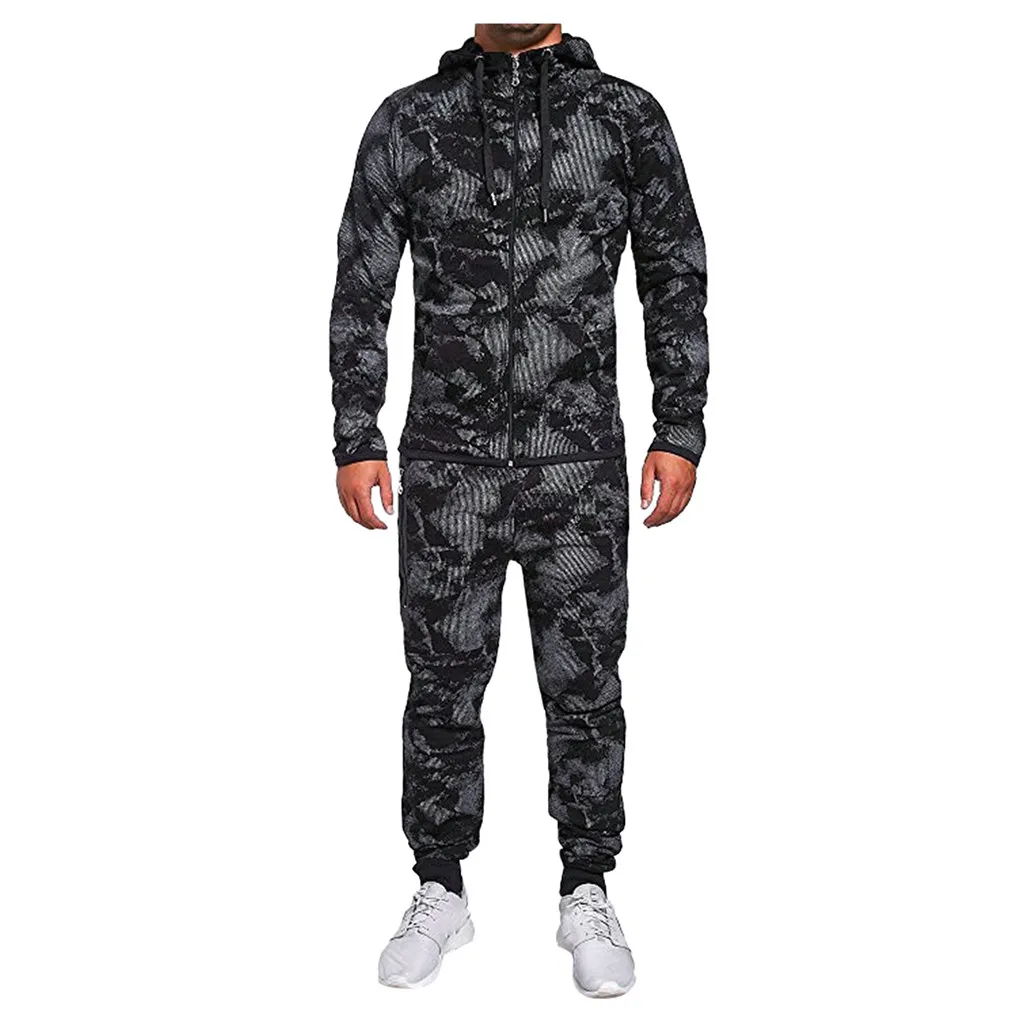 

2019 Men Camouflage Printed Jackets Pants Set Male Tracksuit Outdoor loose Hooded Suit Men's Gym Clothing Casual Sportswear