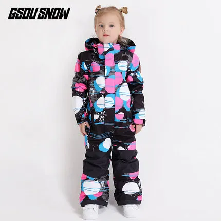 GSOU SNOW Kids Ski Suit Girls Hooded Skiing Snowboard Suit One Piece Windproof Waterproof Outdoor Sport Wear Children Super Warm