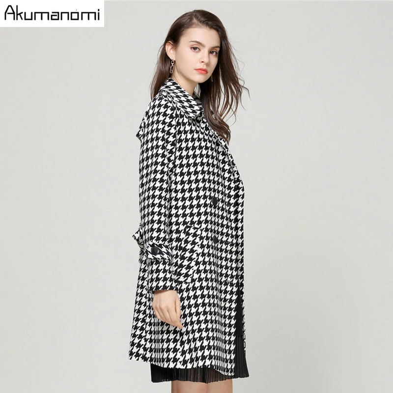 Осеннее плотное клетчатое пальто размера плюс 5XL 4xl-l Женский Тренч из смеси шерсти длинный рукав карман длинный пояс верхняя одежда
