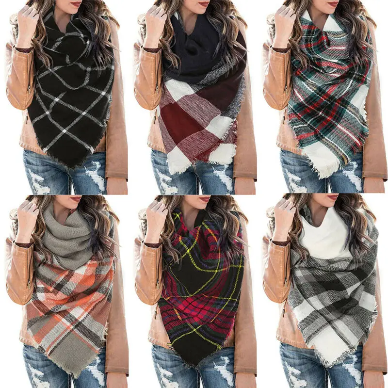 

Winter Women Scarves Oversized Plaid Triangle Blanket Scarf Checked Wrap Shawl Winter Outdoor Warm Wrap 2020