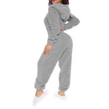 

Chicme Fashion Women Functional Fluffy Pajamas Buttoned Flap Long Sleeve Deep V Neck Jumpsuit Homewear 3D Ear Sleepwear Winter