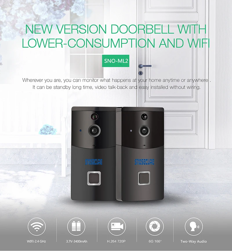 SNOSECURE Doorbell Camera Smart Lower Consumption WiFi Camera Wireless Smart Video Night Vision PIR Detection With Chime