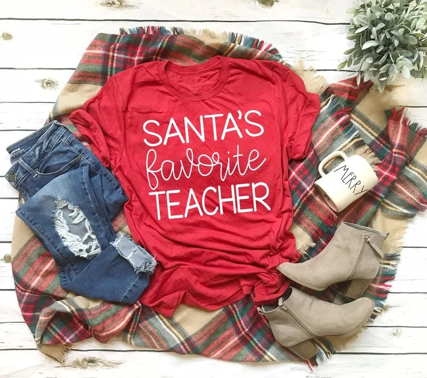 SANTA'S favorite футболка для учителя подарок на день рождения Забавный лозунг унисекс Эстетическая tumblr Эстетическая веселая Рождественская рубашка-K283
