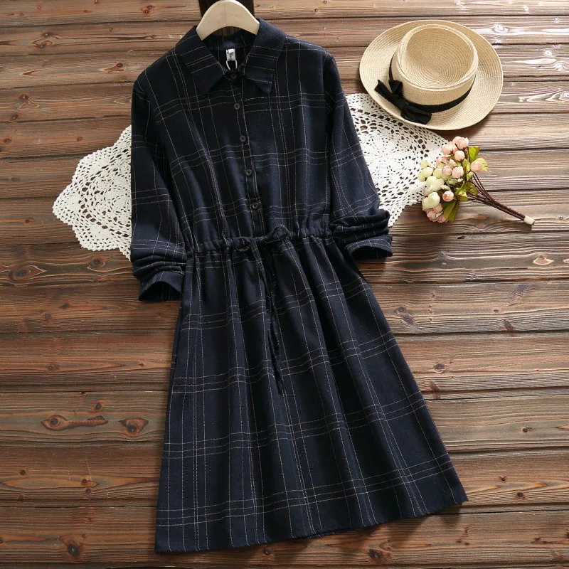 

Mori Girl Line Loose-Fit Long-sleeved Dress Autumn New Style Base Skirt Waist Hugging Plaid Mid-length Shirt Dress S28085