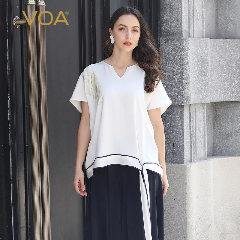 

VOA silk heavy half-open collar with sleeves open-thread embroidered hem straps minimalist loose one-piece T-shirt women B907