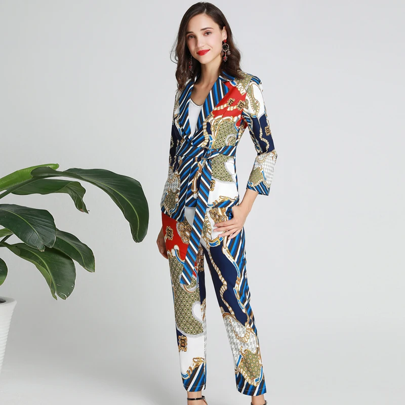

Red RoosaRosee Fashion Designer Women 2 Piece Set Autumn Spring 3/4 Sleeve Stripes Print Irregular Jacket + Pencil Pants Suit