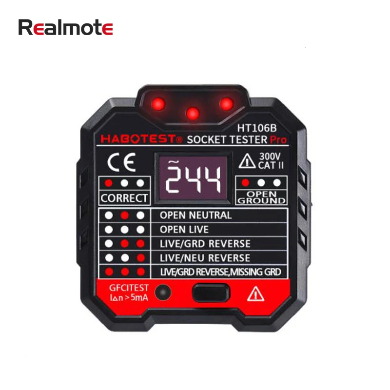 

Realmote Socket Detector Power Polarity Electroscope RCD Electric Socket Automatic Neutral Live Earth Wire Test Tester