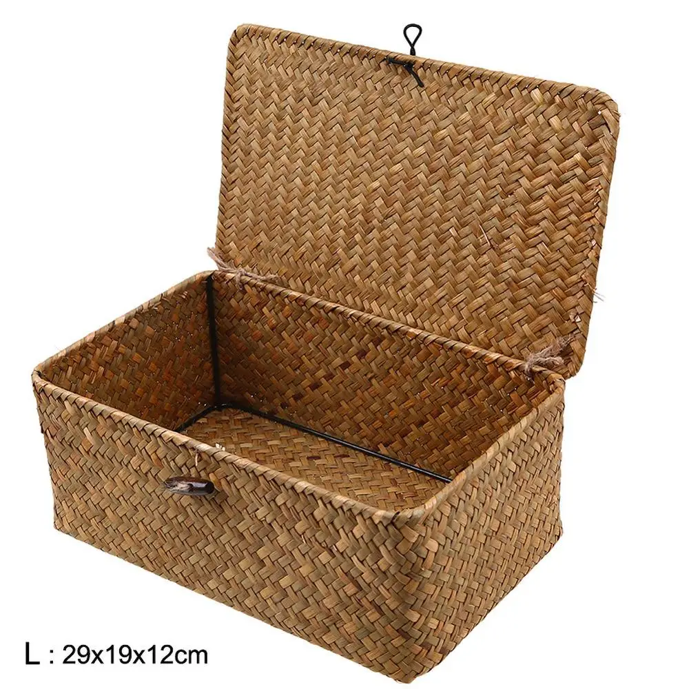 Rattan Storage Box With Lid Hand-woven Jewelry Box Wicker Makeup Organizer Food Container Storage Boxes Bins For Kids Toys