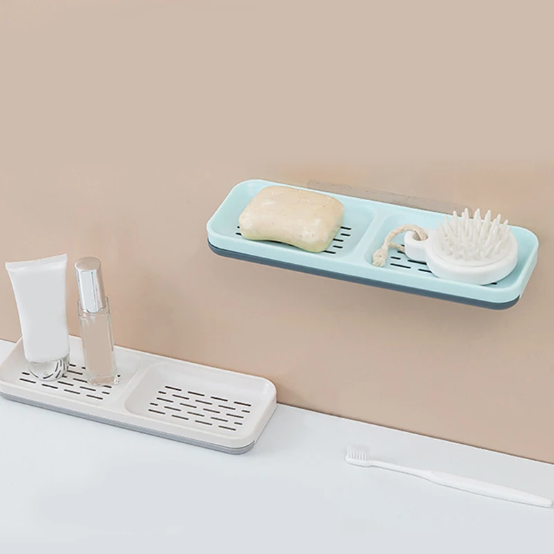Bathroom Storage Racks Punch-free Double-layer Drain Square Plastic Soap Box Double Grid Soap Holder For Wall-mounted
