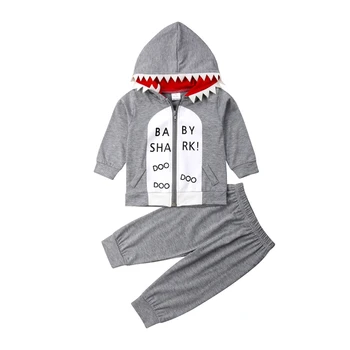 

Kids Baby Boy Clothes Set Toddler Autumn Long Sleeve Shark Zipper Letter Coat Hooded Tops Sweater Pants Clothing Gray Outfits