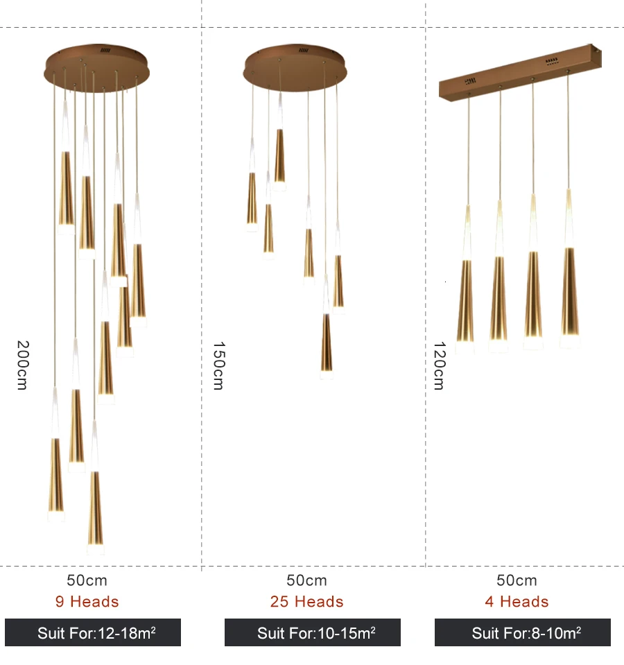Золото Цвет современные светодиодные подвесные светильники с подвесками лестницы, осветительные приборы, гостиной, столовой, освещение 4/6/9/12/16/25 головок