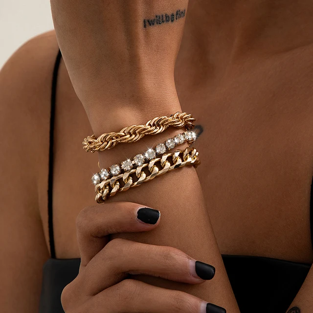 Punk Curb Cuban Chain Bracelets Set for Women Multilayer Miami Boho Thick Gold Color Charm Bracelets Bangles Fashion Jewelry green