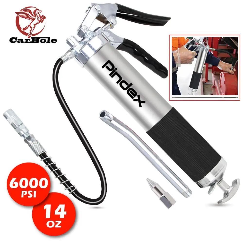 

Универсальный сверхмощный пистолет-смазка Deluxe Silver 6000 PSI, ручной патрон 14 унций с гибким шлангом 18 дюймов и жестким удлинителем 9 дюймов