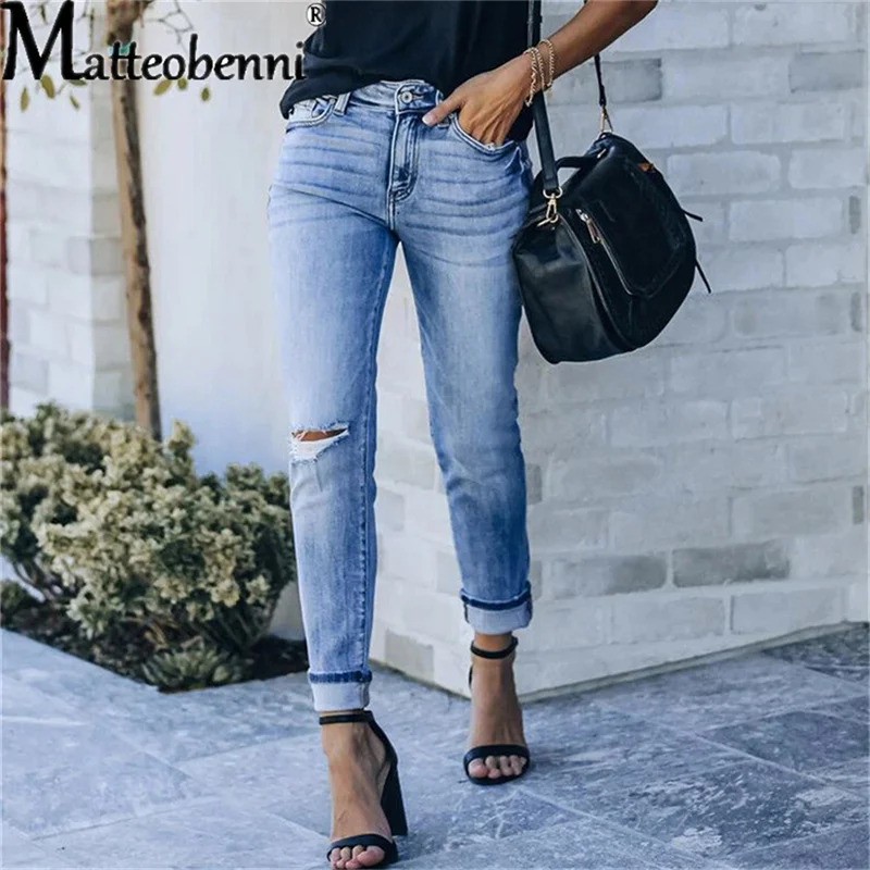 2021 Women Jeans Newest Hot Stretch Skinny Ripped Hole Denim Female Slim High Waist Pencil Pants Elegant Ladies Button Trousers