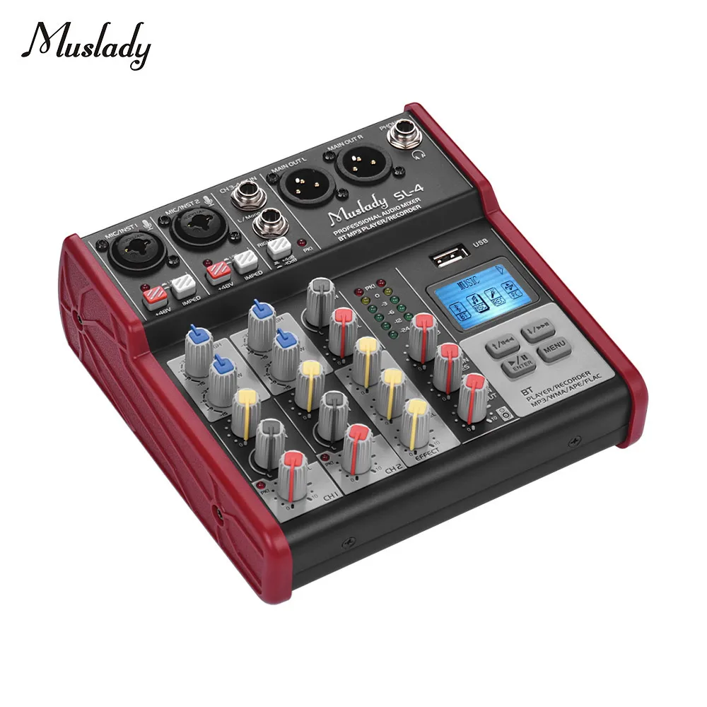 

Muslady SL-4 Compact Size 4-Channel Mixing Console Mixer 2-band EQ Built-in 48V Phantom Power Supports BT Connection USB