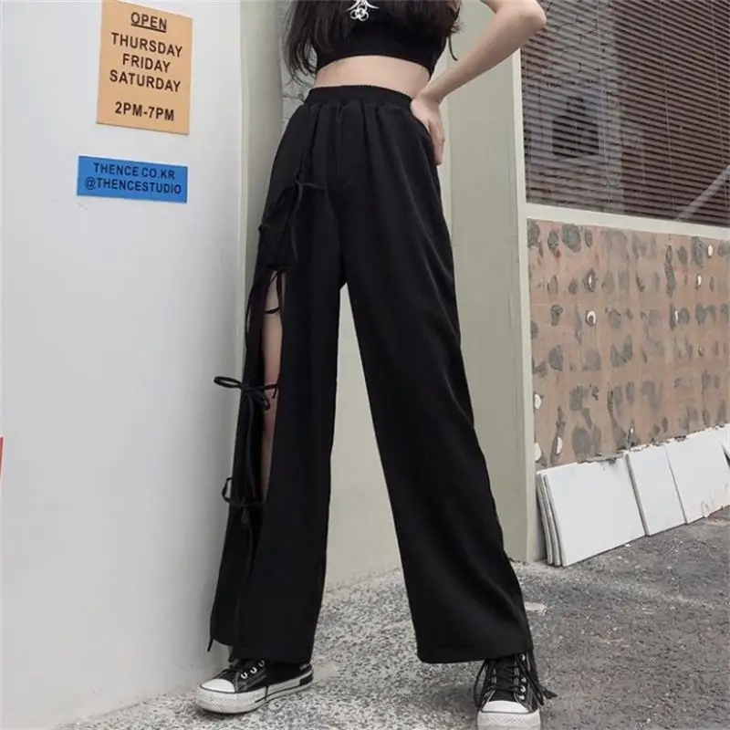 Ladies Casual Pants Straight Pants Ripped Pants Summer New Dark Thin Elastic Waist Design Long Fashion Versatile Pants